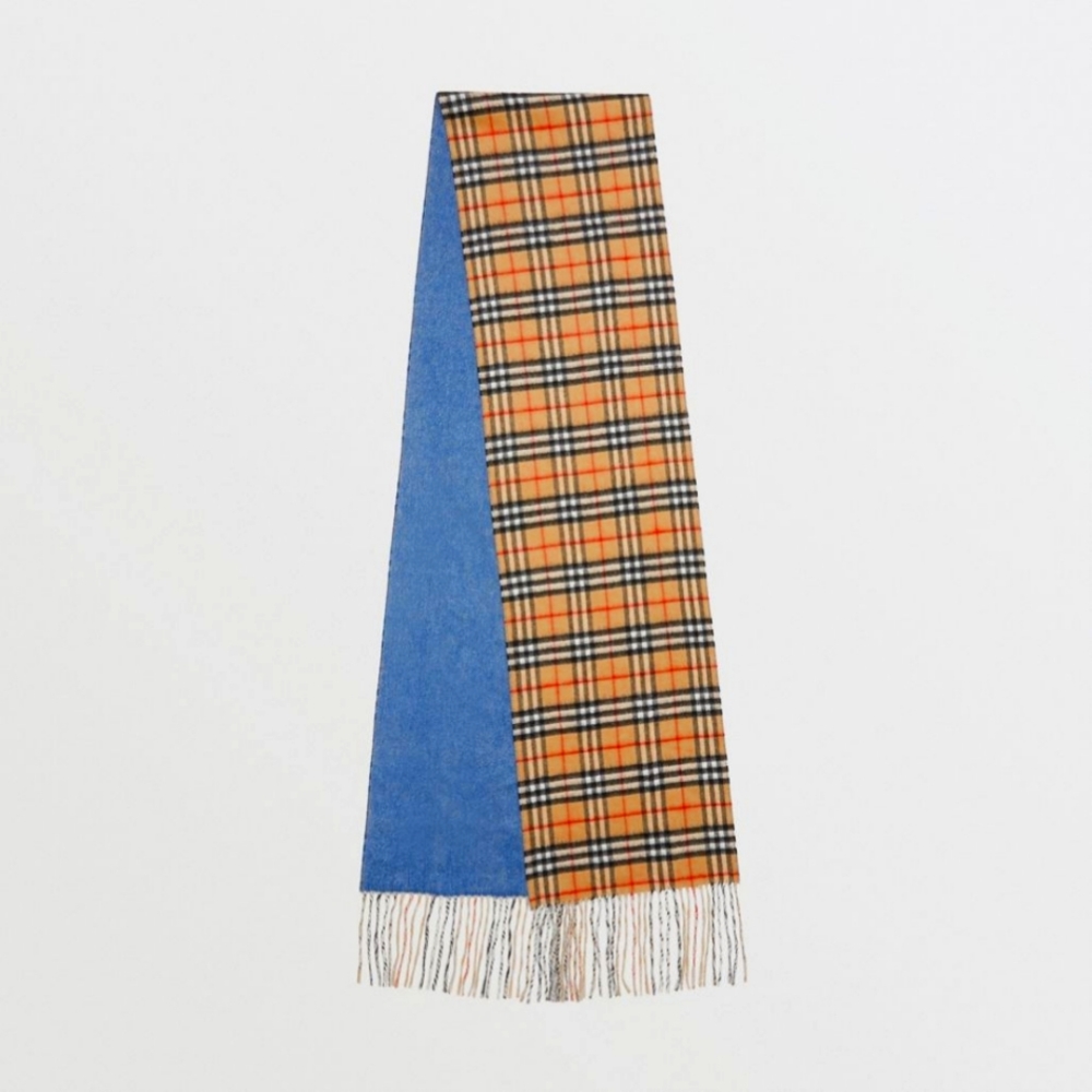 BURBERRY REVERSIBLE VINTAGE CHECK DOUBLE FACED CASHMERE SCARF IN STONE BLUE
